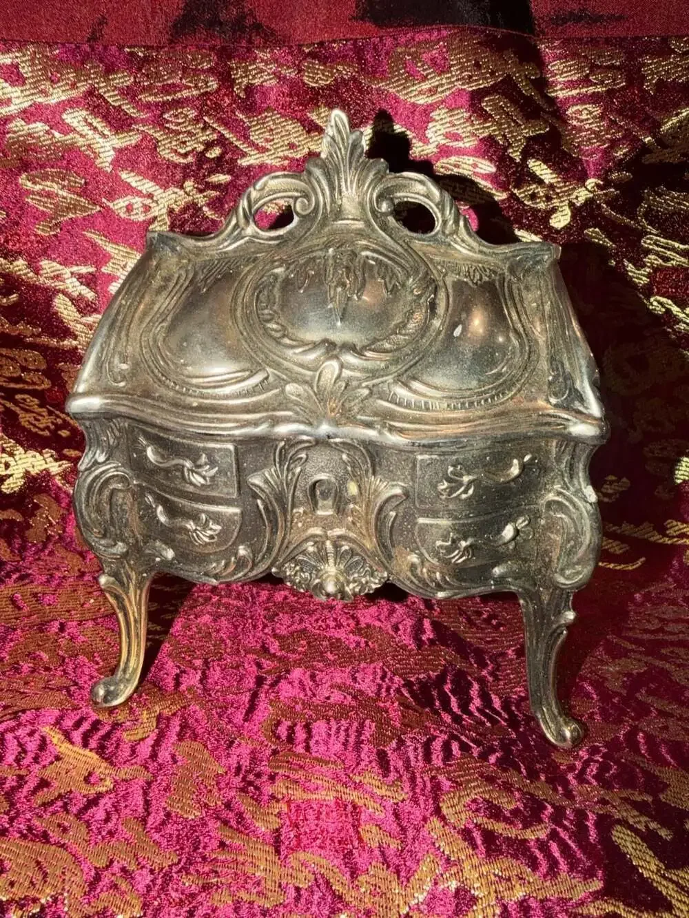 Vintage Ornate Cast Metal Jewelry Casket with Red Velvet Lining